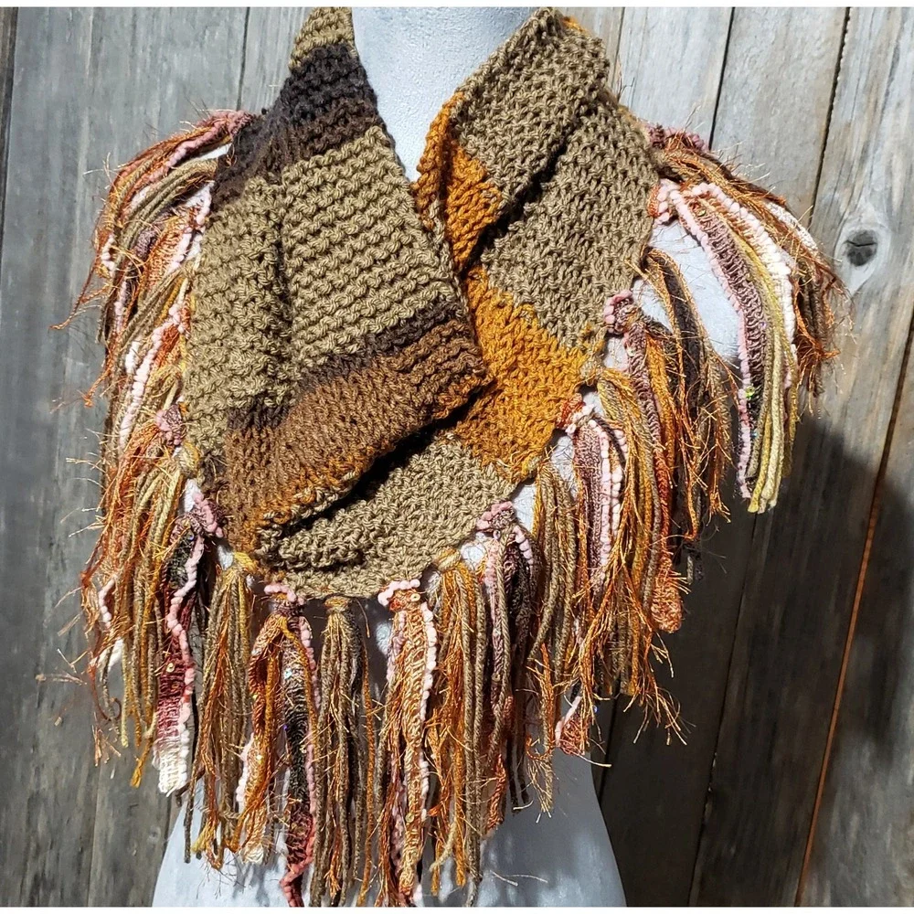 NEW Hand Knitted Boho Cowl Scarf Brown Orange Cottage‎ Cabin Artsy Indie Earthy